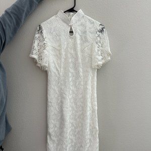 White Midi Qipao with Pearl Details